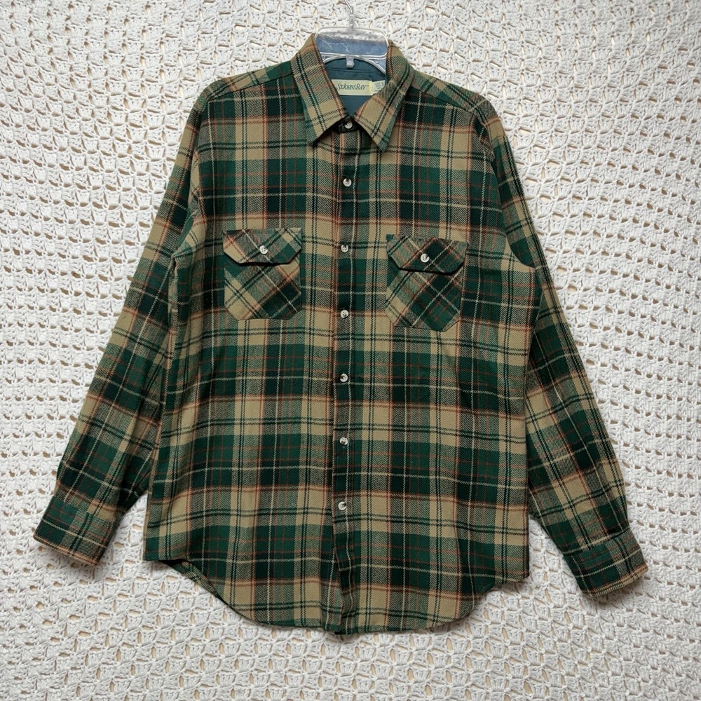Vtg St Johns Bay Flannel Shirt Mens L Tall Green Beige Plaid Long Sleeve